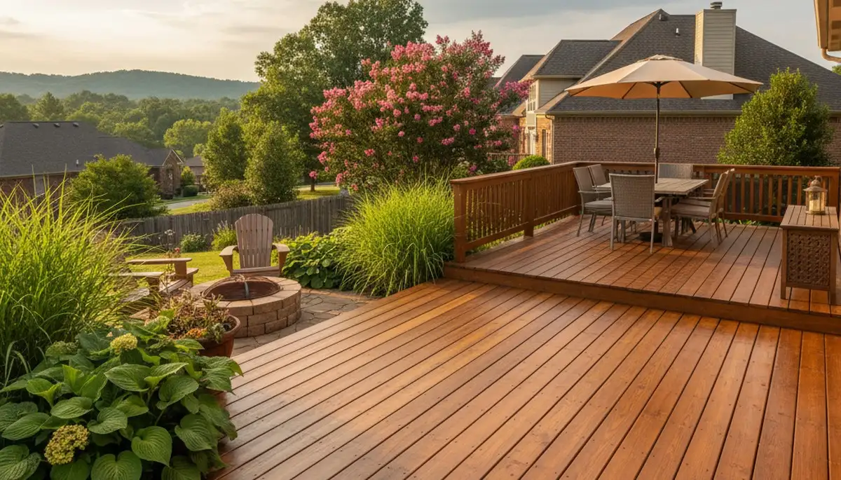 Finished deck staining in Nashville, TN showcasing restored wood and weather-resistant professional finish