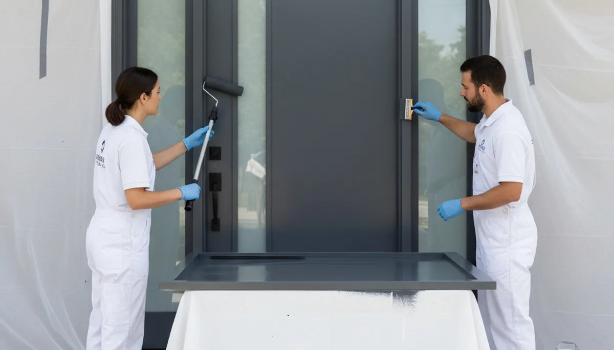 Painter refinishing front door in Nashville, TN for professional house painting and door restoration