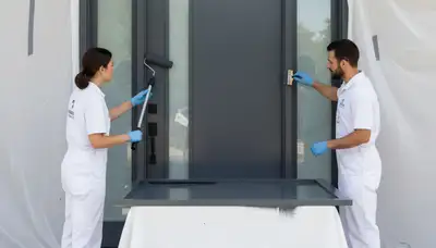 Painter refinishing front door in Nashville, TN for professional house painting and door restoration