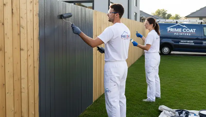 Professional fence painters staining wooden fence in Nashville, TN for lasting curb appeal