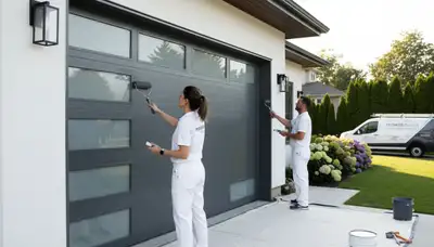 Professional painters refinishing garage door in Nashville, TN for durable, weather-resistant finish