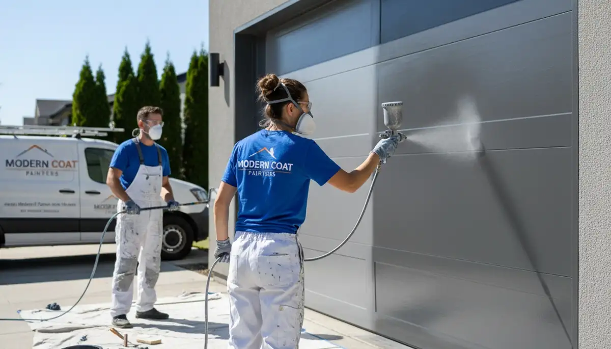 Professional painters refinishing a residential garage door in Nashville, TN for lasting curb appeal