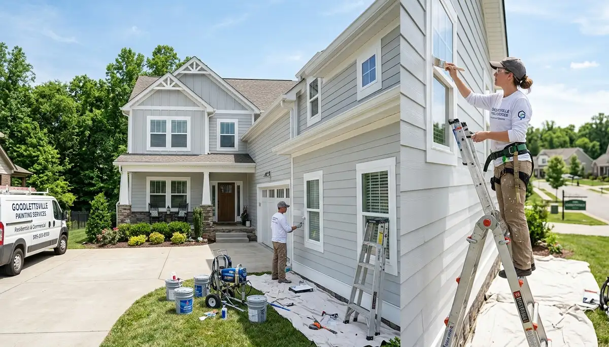 Professional house painters working on residential exterior in Nashville, TN