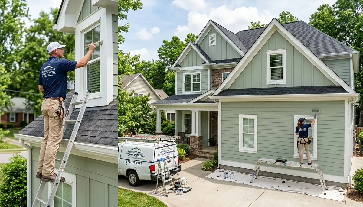 Professional house painters working on exterior home in Nashville TN